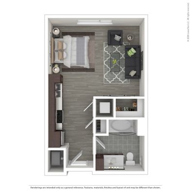 a floor plan of a studio apartment with a living room and bedroom at The Argon